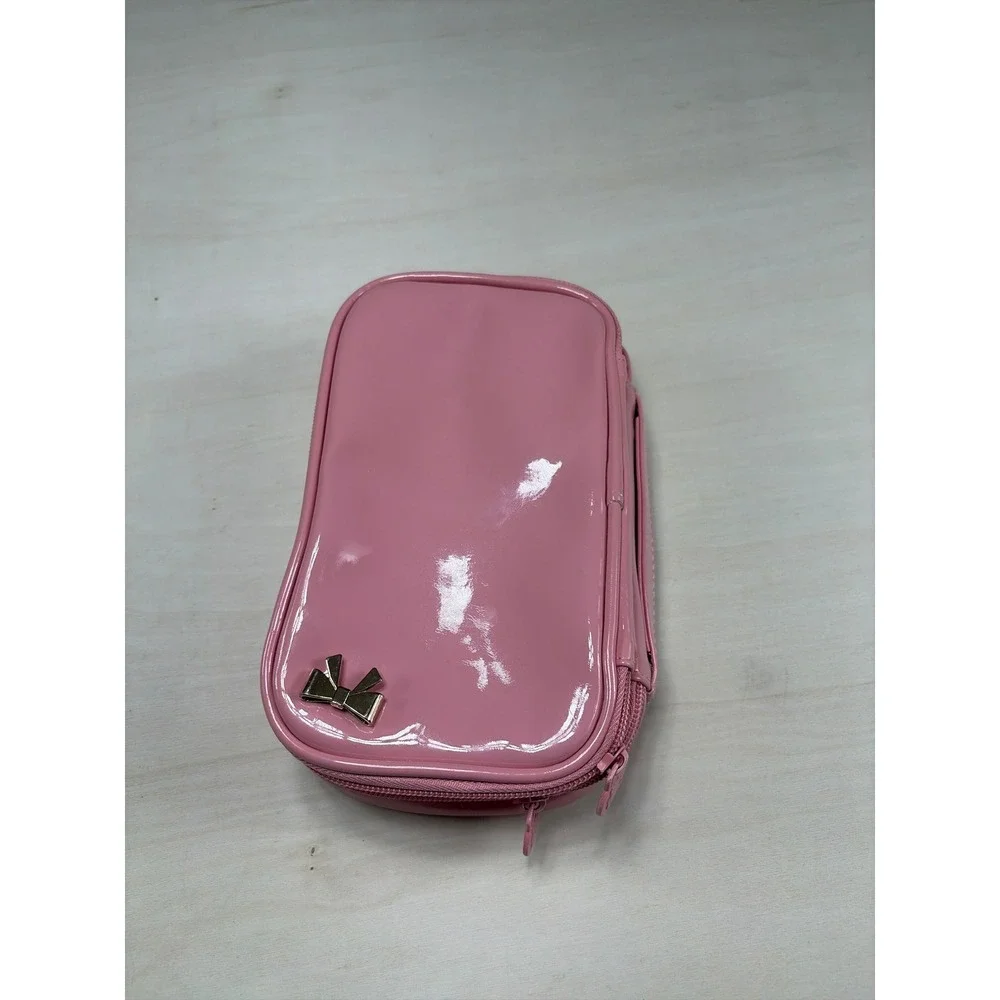 Pink Patent Double Layer Makeup Bag Travel Cosmetic Case with Gold Bow Accent